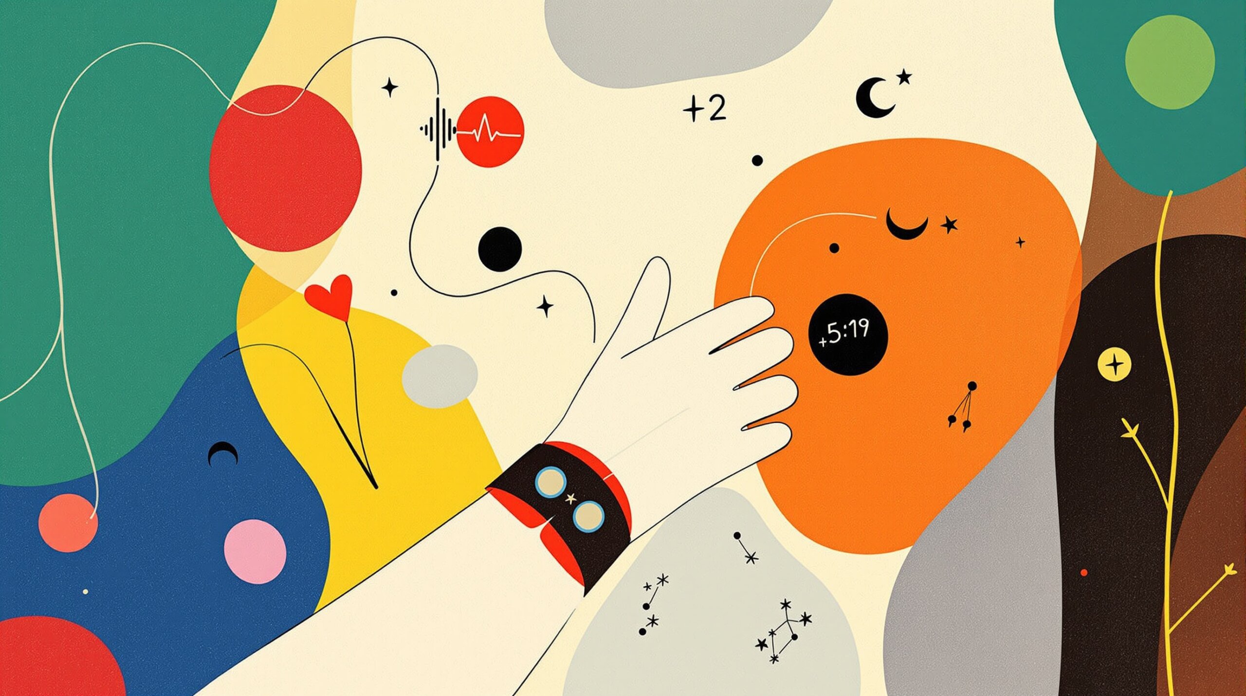 Stylized figure with a glowing sensor cuff and colorful flowing bands of biometric symbols like heartbeats and sleep crescents.