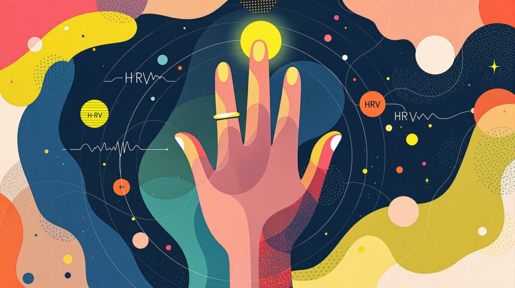 Abstract illustration of a hand with a glowing smart ring surrounded by colorful sleep cycles and biometric lines.