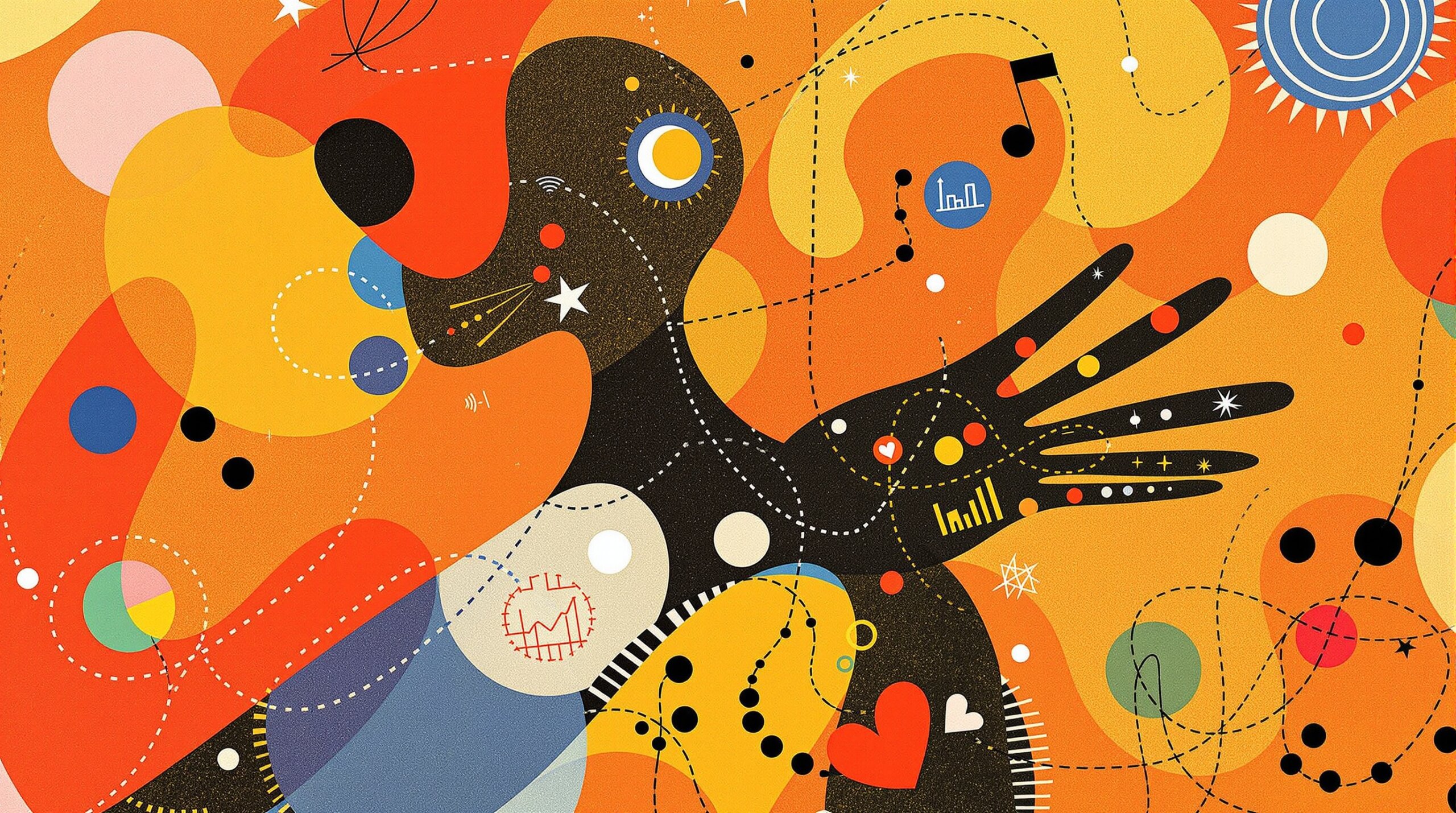 Abstract collage of a person with a glowing wrist and spiraling data threads representing longevity metrics.