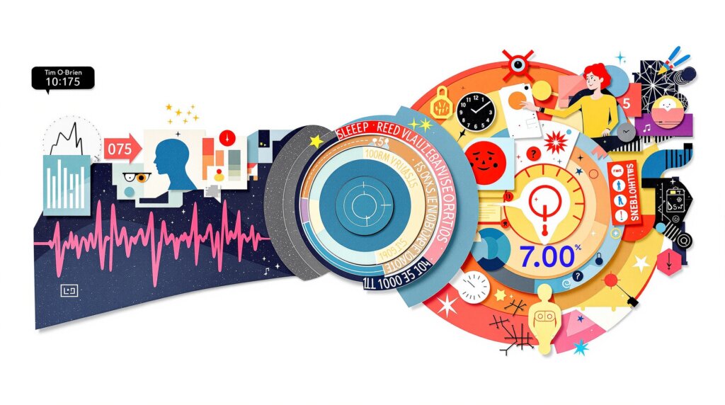 Collage of heart rate waves, sleep rings and sensor shapes arranged into an abstract wrist silhouette.