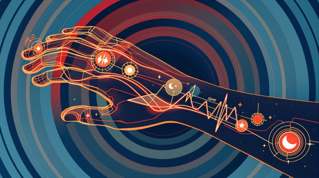Abstract illustration of a wrist with glowing arterial lines and geometric waveforms visualizing biometric data.
