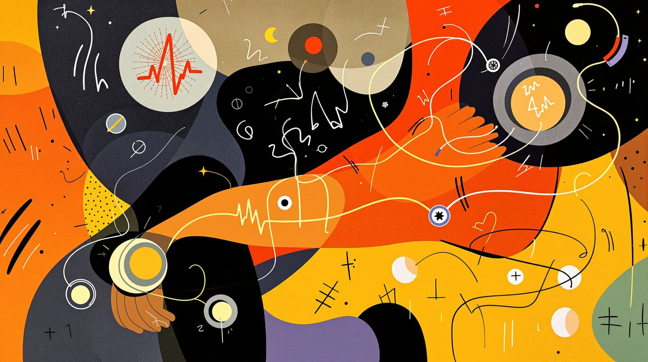 Stylized collage of a person with glowing lines on the wrist and colorful data ribbons representing biometrics.