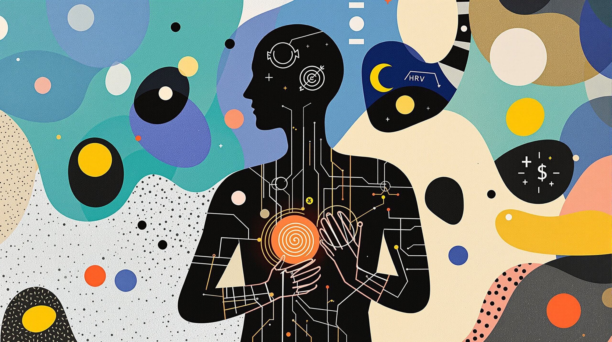 Abstract figure with glowing lines and floating biometric symbols representing health data and wearable sensors.