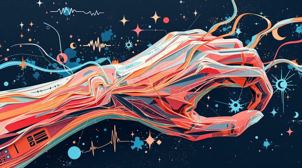 Collage illustration of a wrist with glowing biometric lines and flowing data symbols.