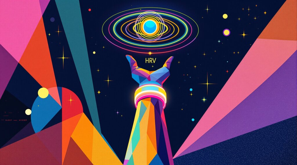 Abstract Kandinsky-style illustration of a wrist with a glowing health band, HRV waveforms, and sleep cycle rings.